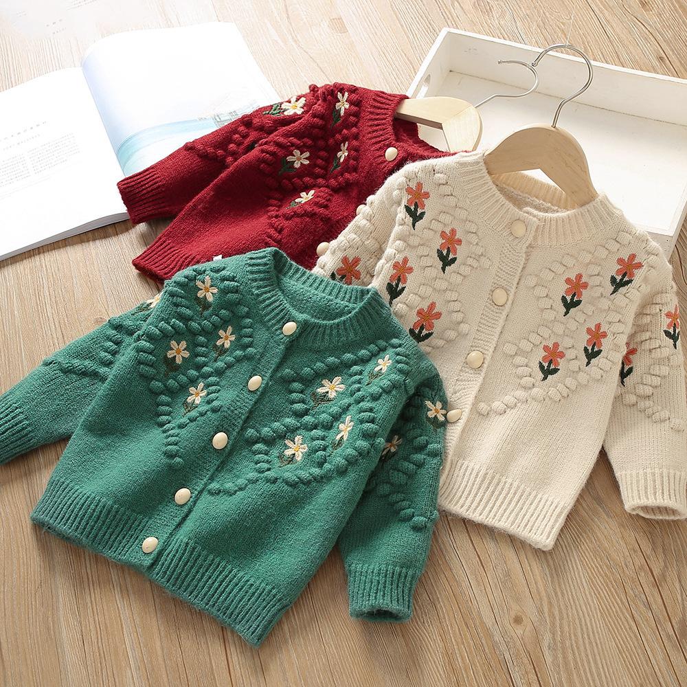 Children's Sweater Spring Baby Korean Style Western Style Sweet Flower Embroidered Ball Knitwear Cardigan Coat Little Girl