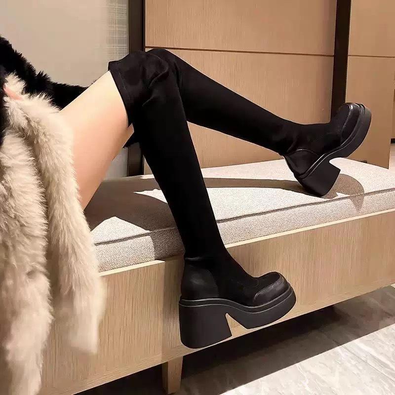 Cross-Border Foreign Trade Over-The-Knee Boots, Long Boots for Women, Slimming Thick-Soled Long Boots, High-Heeled High-Tube Elastic Slim Boots