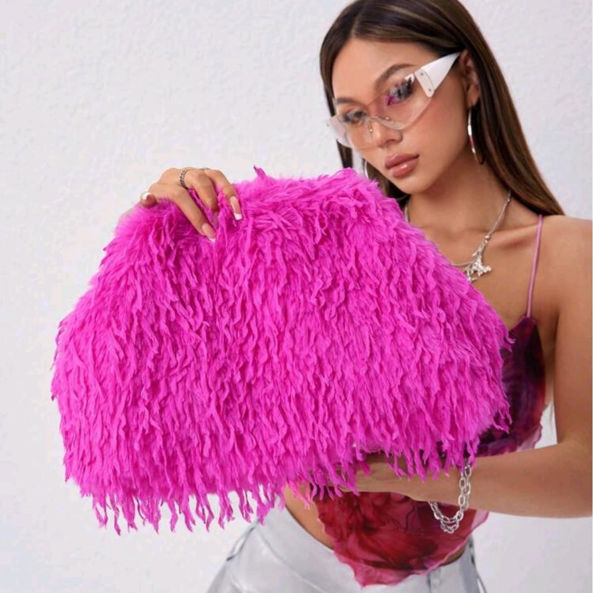 ins long-haired plush clutch bag, unique and exaggerated faux fur handbag, shaggy faux fur clutch