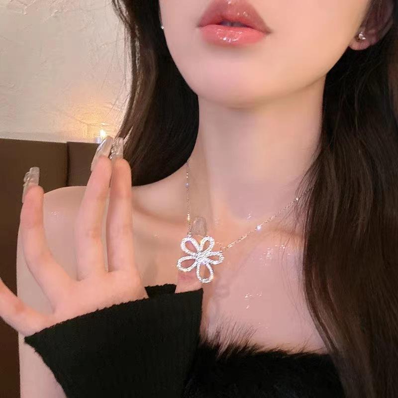 Titanium steel necklace long full diamond five-petal flower pendant chain elegant light luxury all-match petal sweater chain accessories jewelry