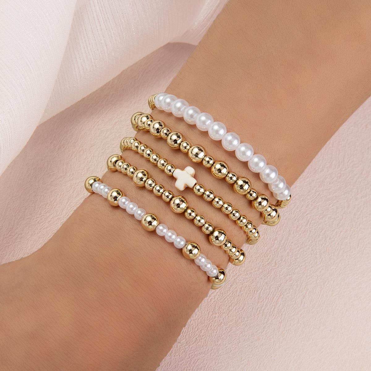 Fashionable and Unique Turquoise Cross Pearl Ccb Beaded Elastic Stacking Women's Bracelet 5-Piece Set