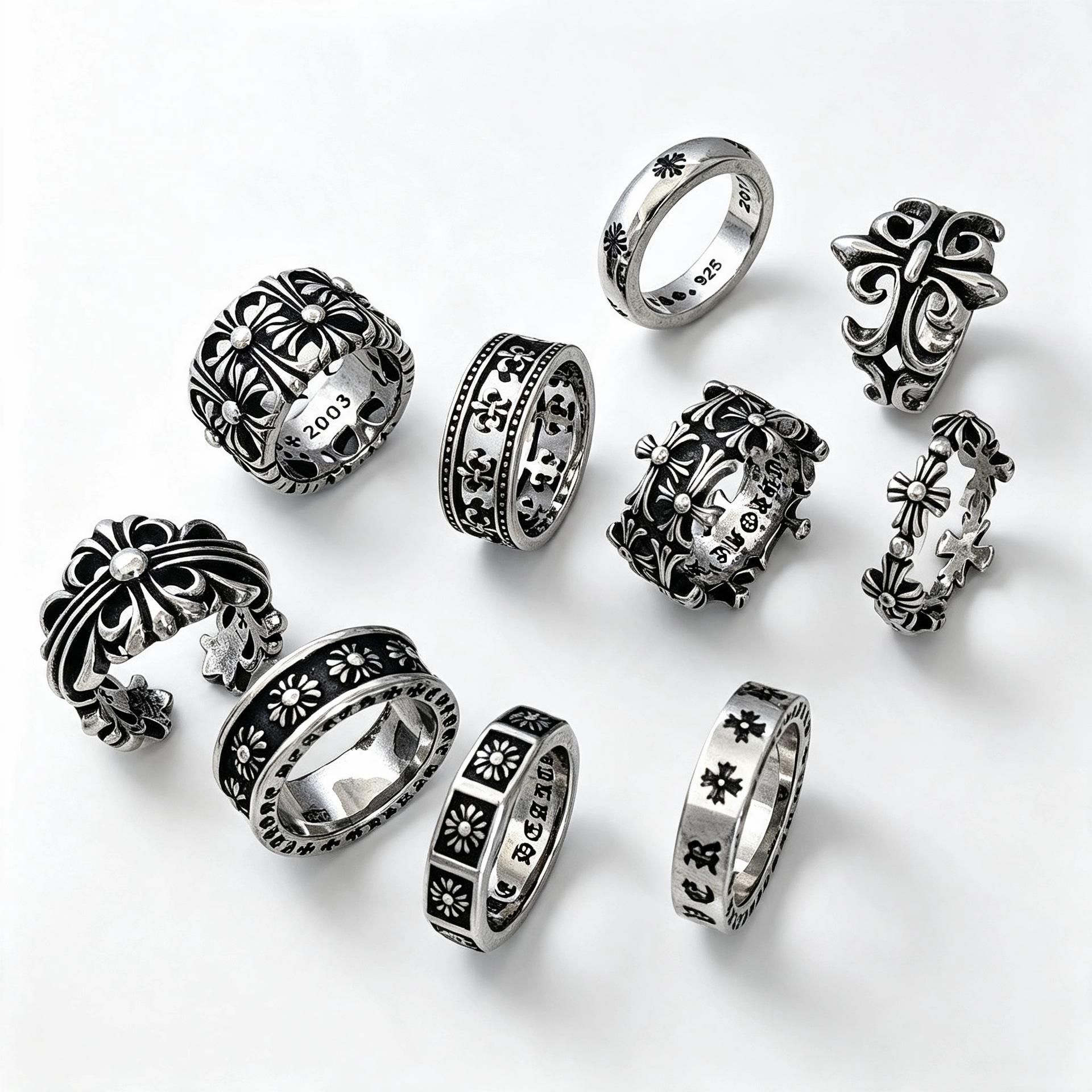 In-stock Chrome Flower Cast Ring, European and American Hip-Hop Trendy Outfit, Sweet and Cool Style, Personalized Fashion Titanium Steel Ring Jewelry