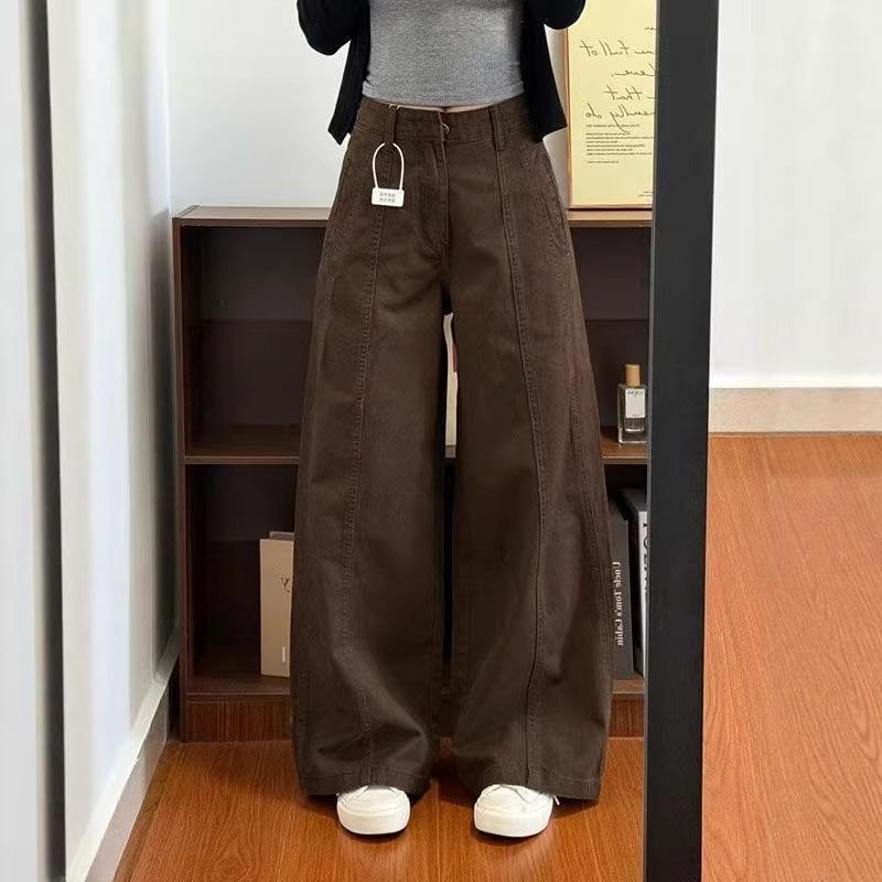 Brown Melard Pants Casual Straight-Leg Jeans for Women, American Style High-Waisted Versatile Loose Slimming Wide-Leg Brown Pants