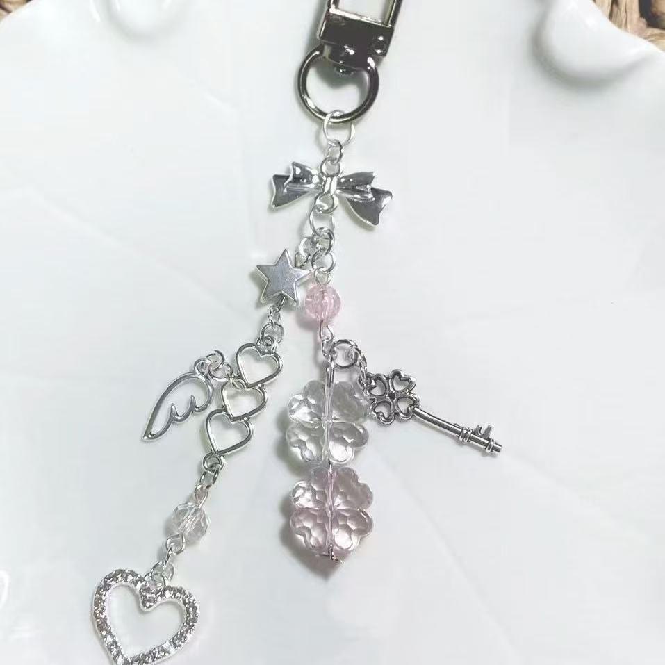 [Pink Angel Descends Upon My Heart] Keychain, Card Holder, Card Clip, Pendant, Four-Leaf Clover, Phone Chain, Bow