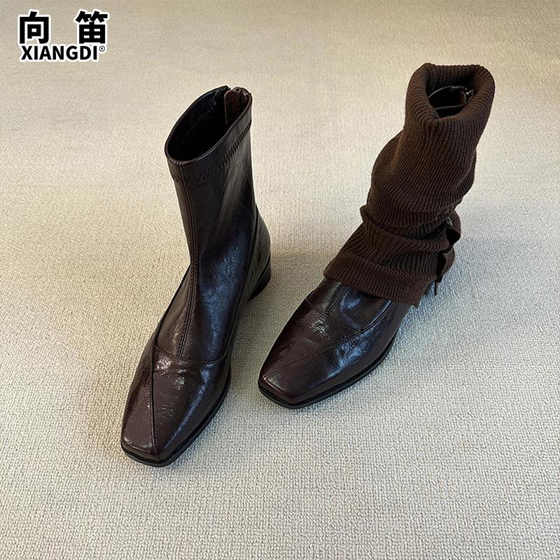 Leather retro slim boots with inner heightening, square toe, slimming, elastic boots for women, versatile, commuting, elegant, Martin boots, short boots