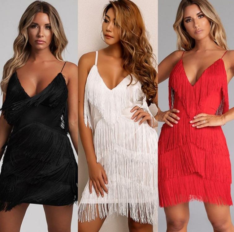 Amazon New European and American Sexy Tassel Stitching Backless Dress Deep V-Neck Dress