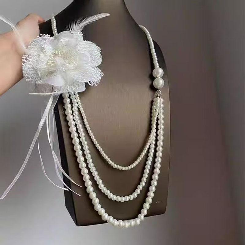 Source Factory Corsage Pearl Necklace Black Flower Chinese Style Retro Long Tassel Necklace Wholesale Accessories in Stock