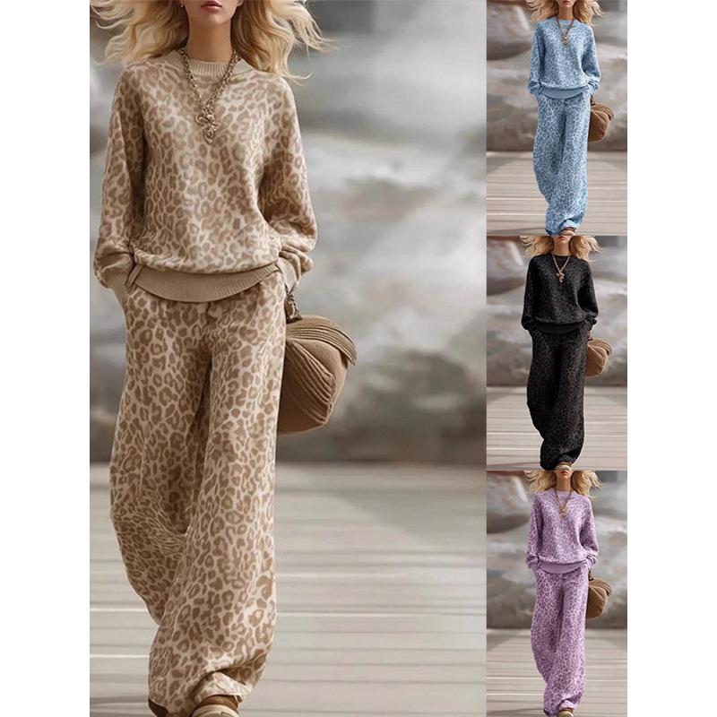2026 Autumn/Winter European and American Amazon Cross-Border Light Brown Leopard Print Set Long Sleeve Slim Fit Sweatshirt Retro Casual Pants