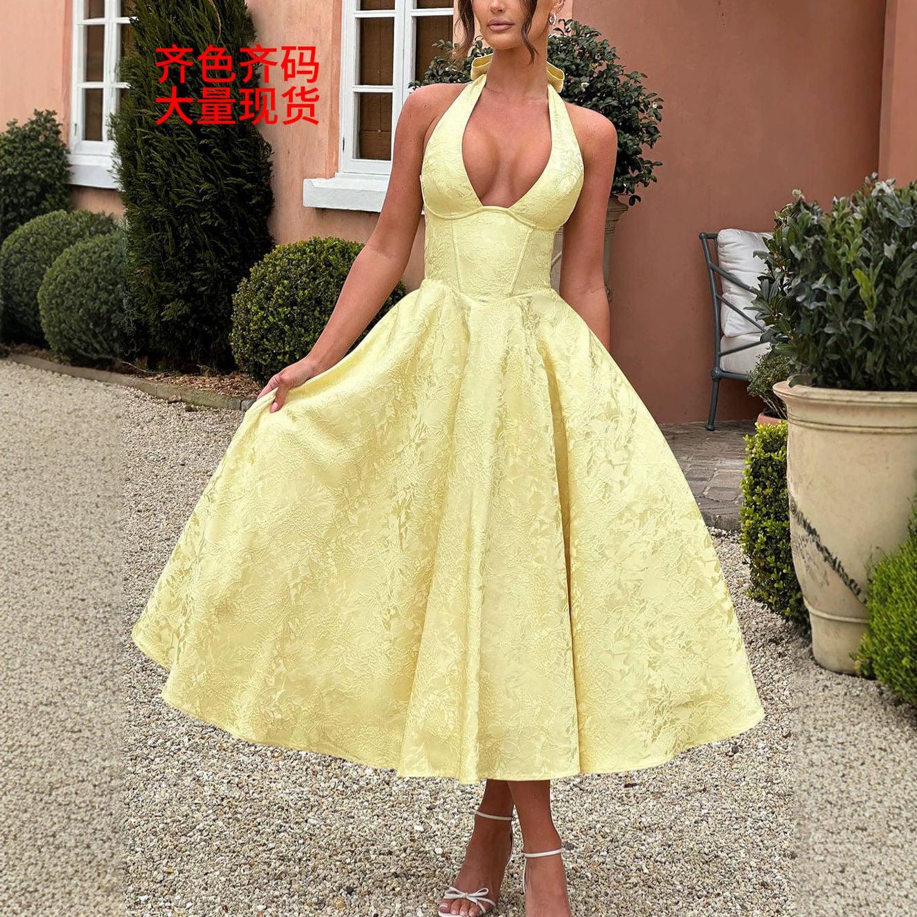 European and American Cross-Border V-Neck Halter Jacquard Dress Evening Gown Spring and Summer Elegant Sleeveless Backless Waist-Cinching Long Dress