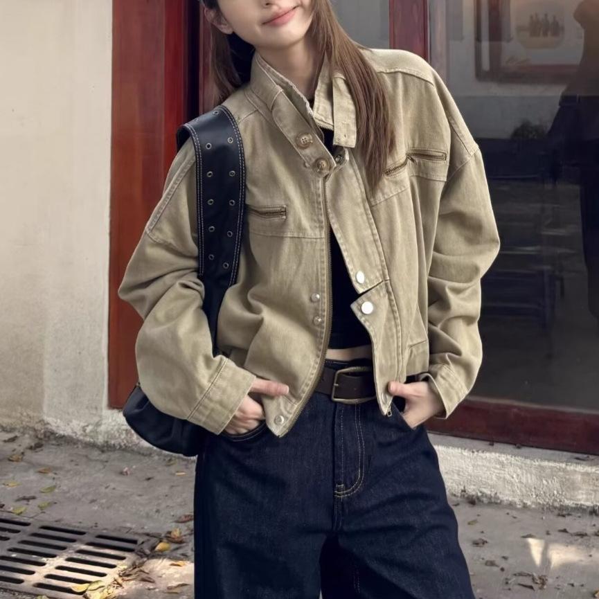 Khaki short biker denim jacket for men and women, loose fit workwear coat for spring and autumn, high street washed denim jacket