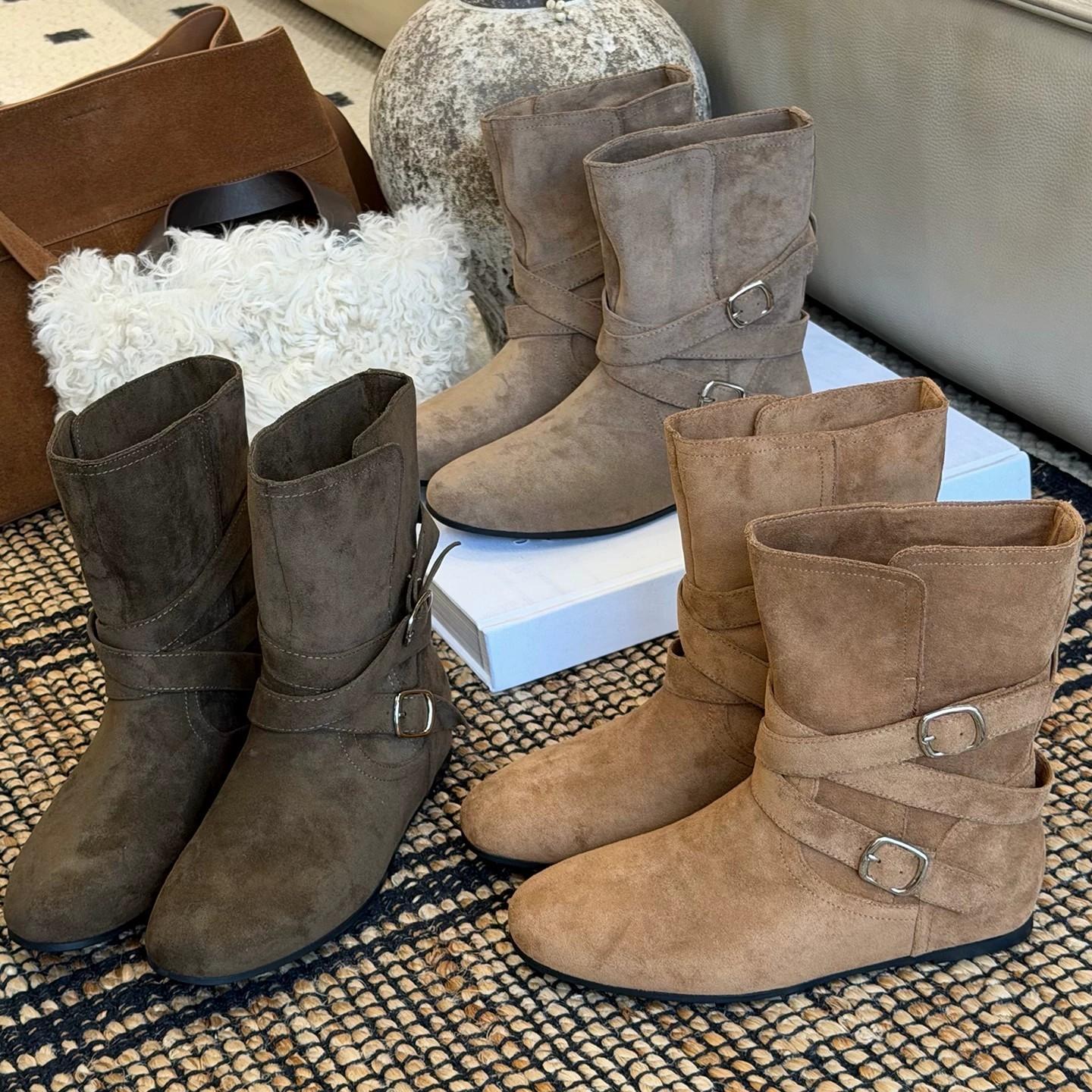 4cm~ Internal Height-Increasing Korean-Style Belt Buckle Mid-Calf Boots for Women, 2026 New Model, Round-Toe Suede Slimming Slip-On Ankle Boots