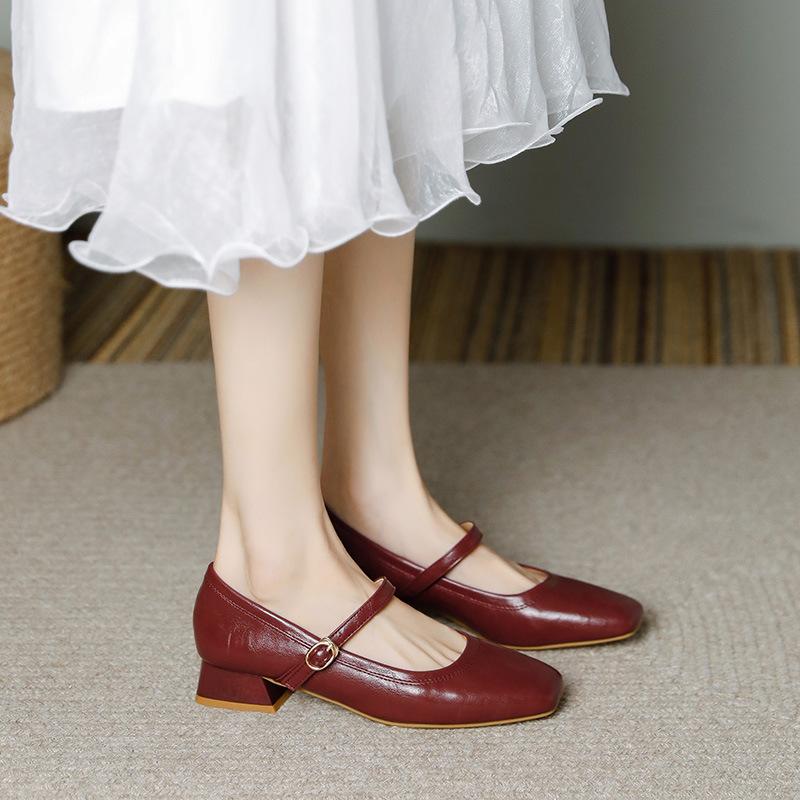 French Style Mary Jane Women's Shoes 2024 New Spring and Autumn Thick Heel Shallow Mouth Single-layer Shoes with Skirt Wine Red Low Heel Mother Shoes
