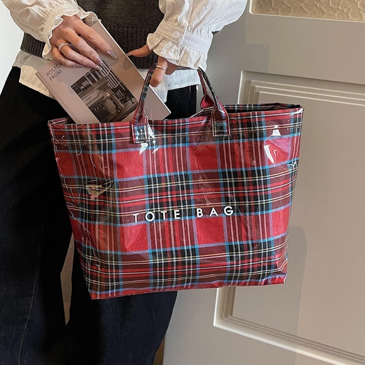 Plaid jelly tote bag, fashionable and retro, large capacity, suitable for commuting, versatile tote bag, trendy A17