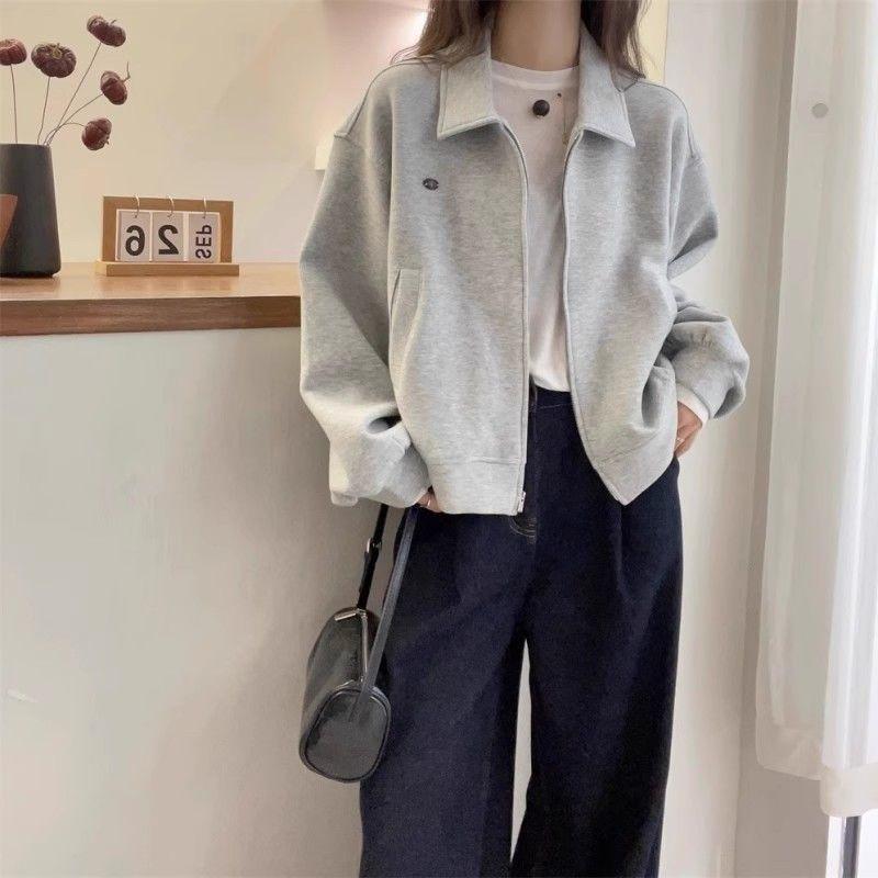 2025 Autumn Lapel Right Shoulder Sweatshirt Jacket Women's Spring Large Size Fashion Slim European New Jacket Cardigan Top
