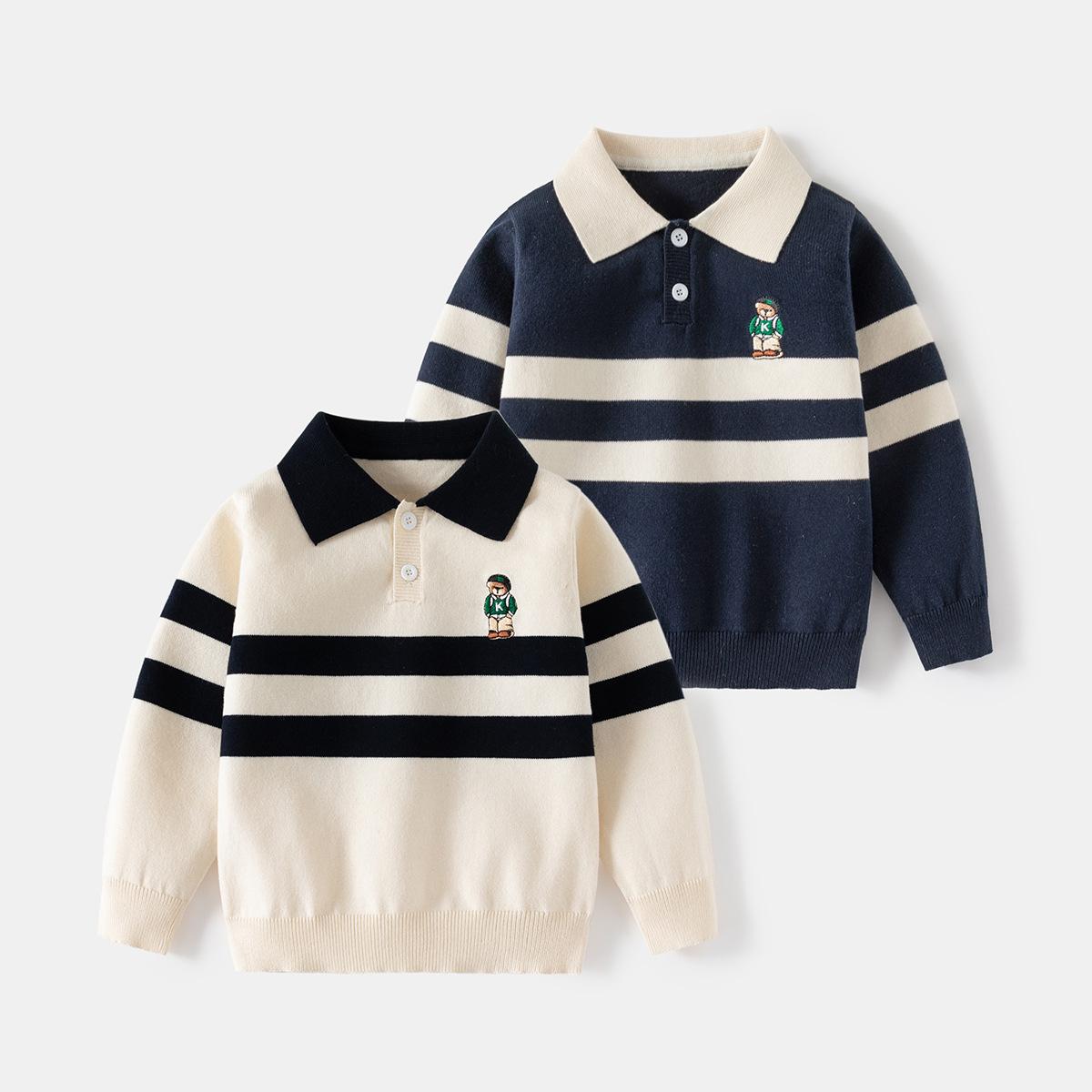 Children's Clothing Wholesale Boys' Collared Sweater 2026 New Korean Style Kids' Cartoon Embroidered Knitwear Dropshipping