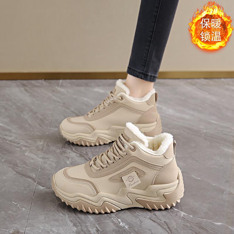 Winter Fleece-Lined High-Top Shoes for Women, Korean Style Versatile Thickened Warm Cotton Shoes, Thick-Soled Height-Increasing Sports Casual Dad Shoes