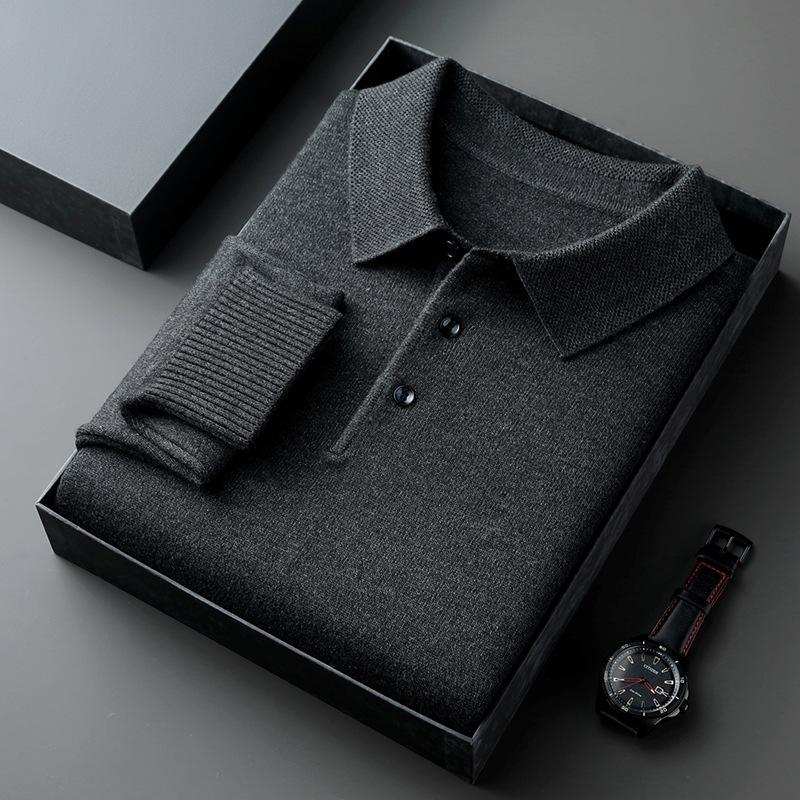 New Cross-Border Autumn and Winter Wool Lapel Long-Sleeved Men's Knitted Polo Shirt Pure Color Middle-Aged Bottoming Sweater Men's Clothing
