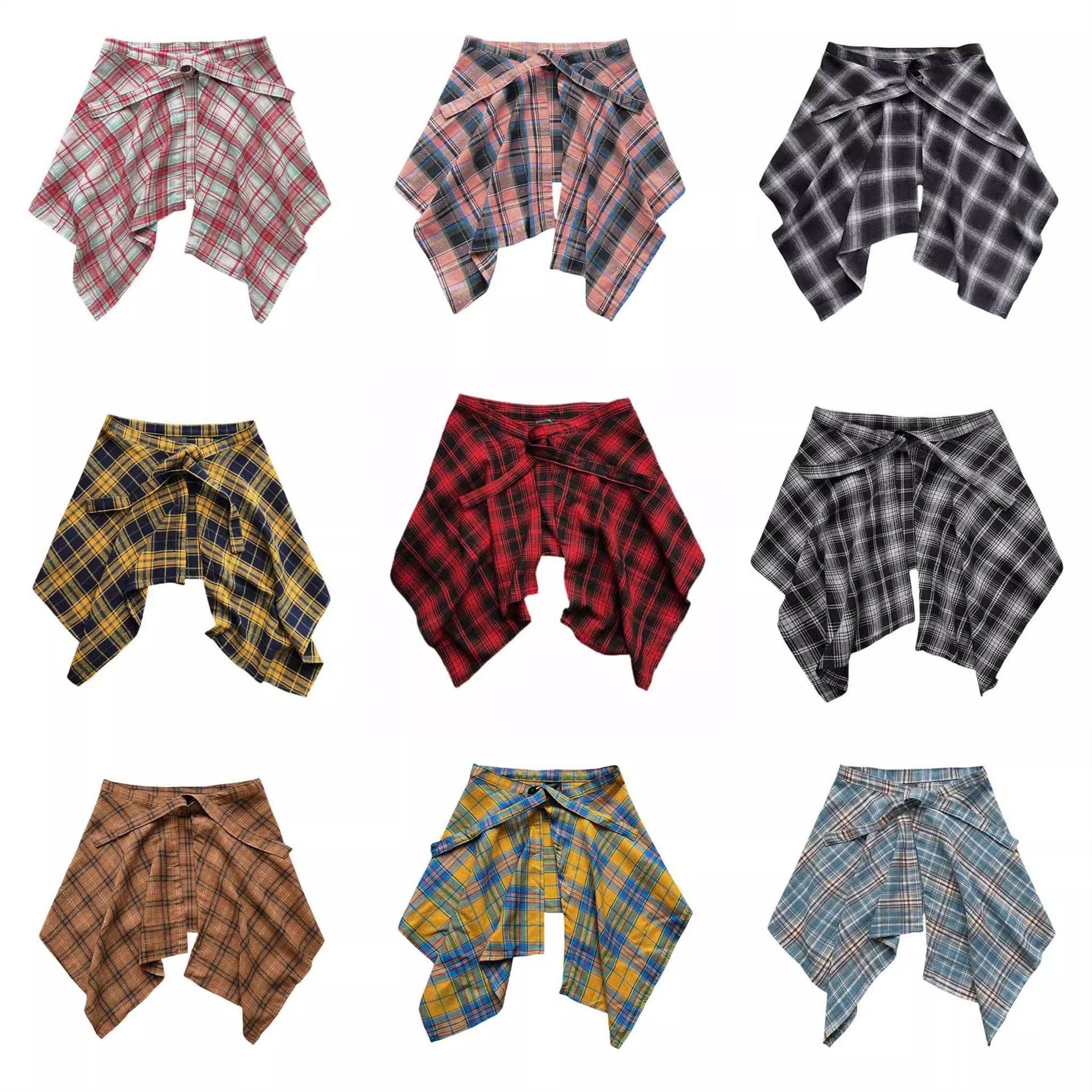 American retro colorful plaid butt-covering skirt for women, one-piece, with ties, for layering over a shirt hem