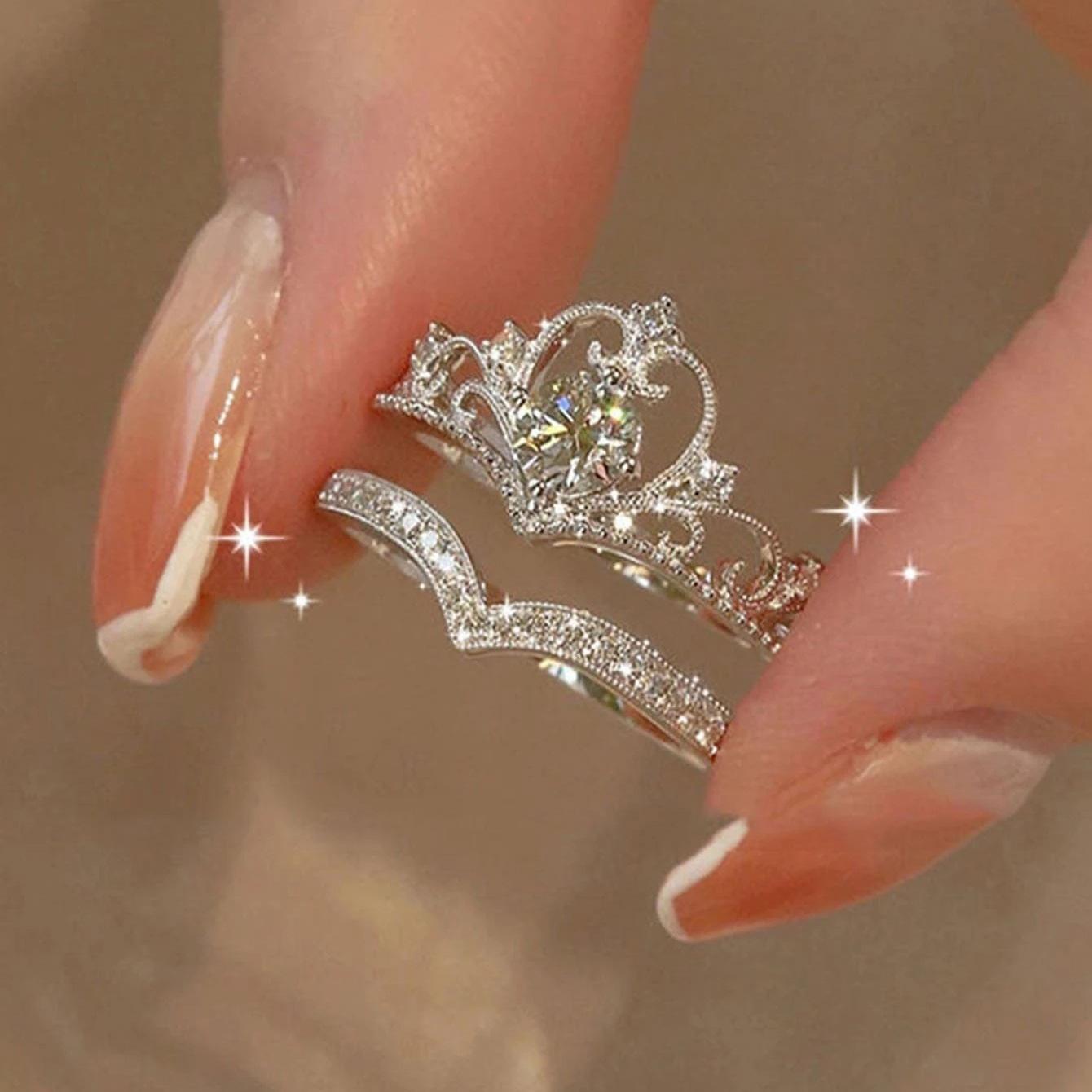 Xiyin Hot-selling Crown Diamond Ring Wedding Ring Opening Ring suit 2-piece Simple Finger Ring