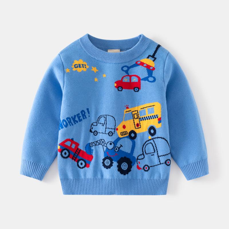 Tengyun Pigeon Children's Wear Boys Double Layer Cotton Line Catch Car Jacquard Pullover Sweater Autumn and Winter New Baby Warm Top