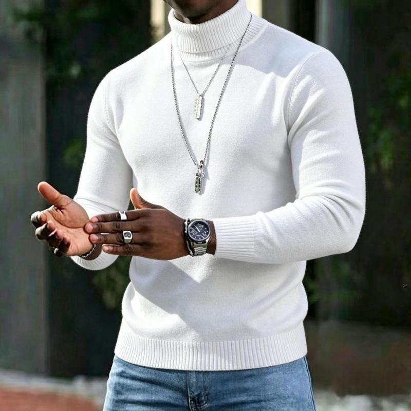 Foreign trade cross-border winter warm knitted men's sweater, slim fit, elastic, simple, solid color, high-neck inner layer pullover men's clothing