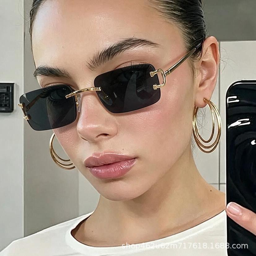 Rimless retro narrow-frame sunglasses for women, with a high-end European and American street style, casual sunshade, versatile for both men and women, cross-border