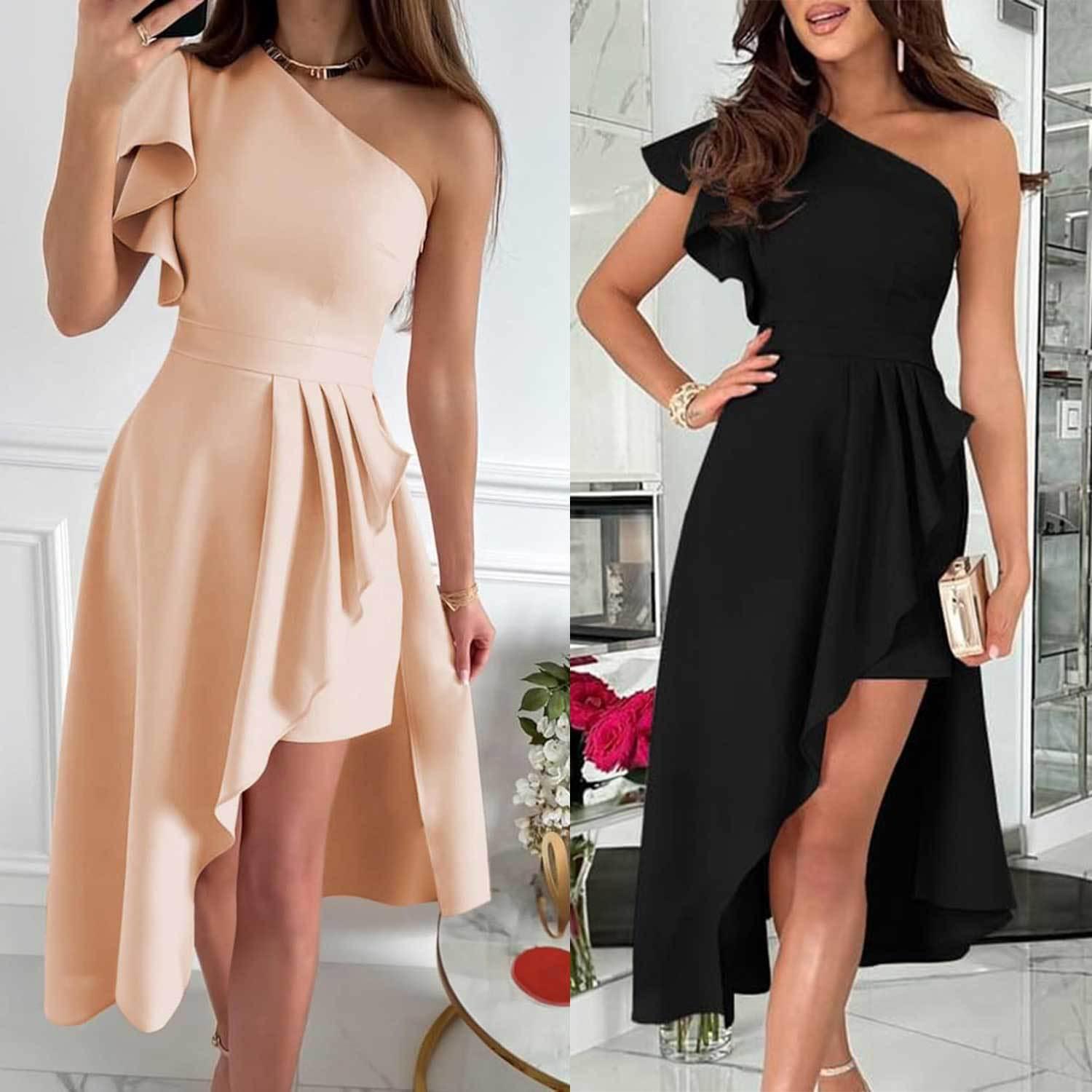 2026 New Cross-Border Amazon One-Shoulder Pleated Wedding Bridesmaid Mid-Length Prom Party Evening Dress