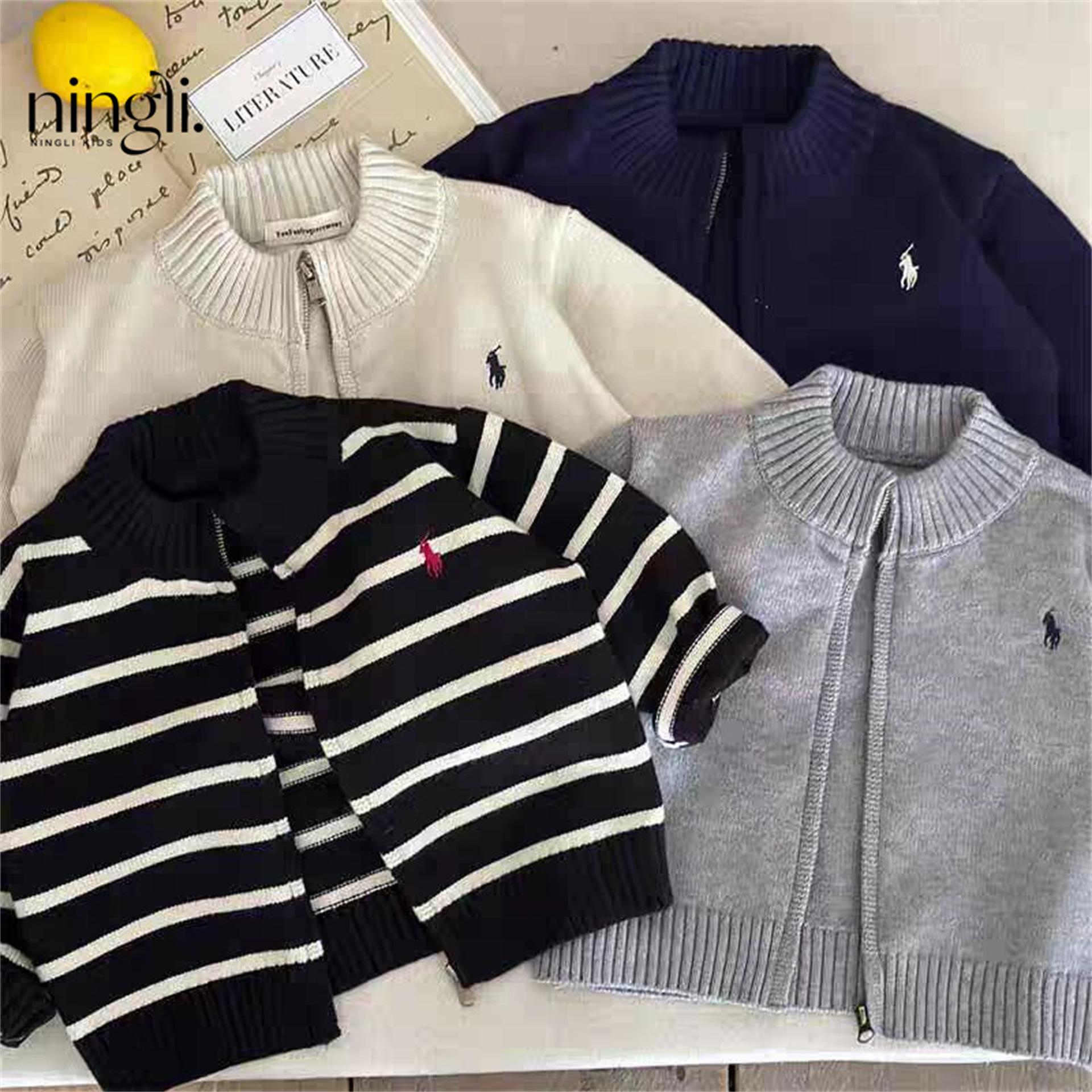 Ningli Kidsren's Sweater Spring & Fall Boys' Stand-Up Collar Zipper Knitted Cardigan Baby Kidsren's Autumn Stripesd Jacket Kidsren's Clothing
