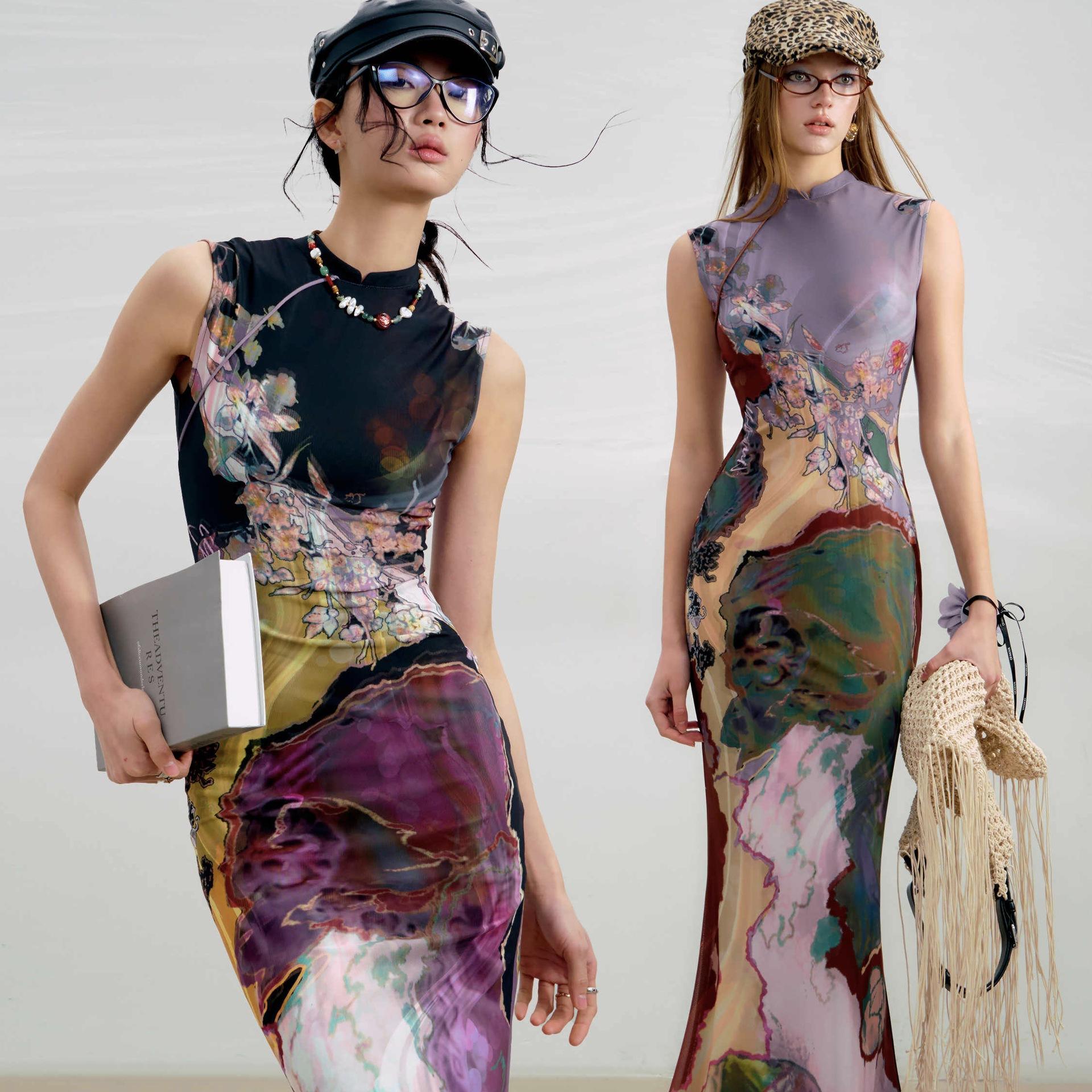 New Chinese Style Front and Back Two-Wear Contrasting Printed Cheongsam Dress Retro Style Cheongsam Women's High-End Dress