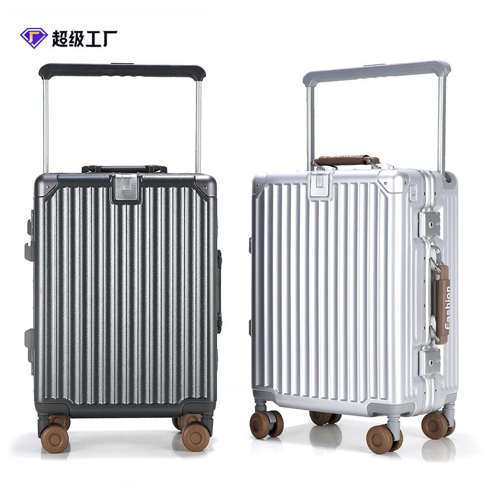 Wide-frame aluminum suitcase with pull rod, fashionable, large capacity, featuring omnidirectional wheels, suitable for carry-on travel, and customizable with a logo and password lock