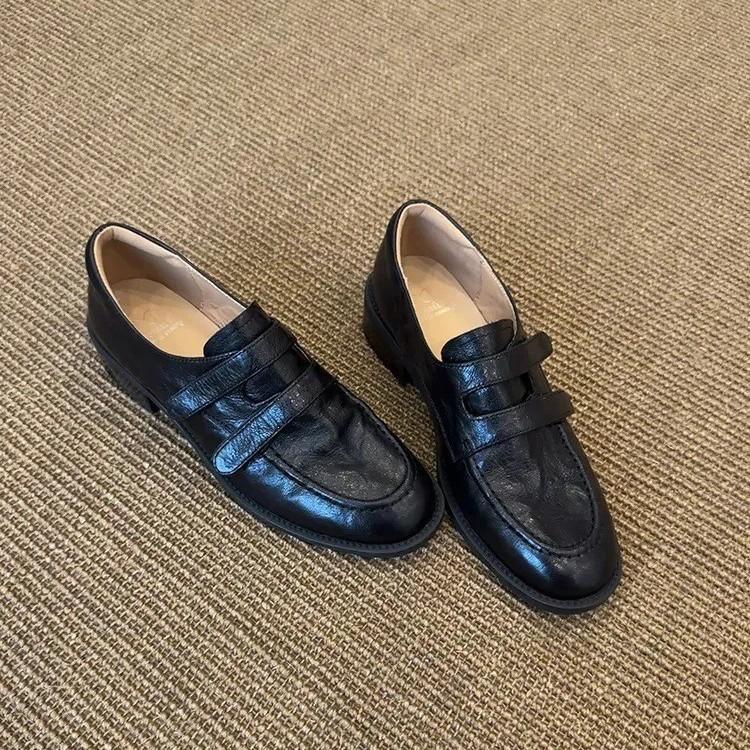 Leather version~retro British style slip-on loafers for women, versatile small leather shoes with thick heels and Velcro straps, fashionable flats