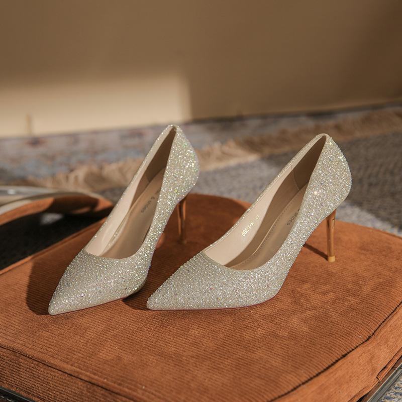 6681-9 Korean Style Rhinestone High Heels Women's Wedding Shoes New Versatile Bright Diamond Women's Shoes Hot Diamond Pointed Toe Stiletto Shoes