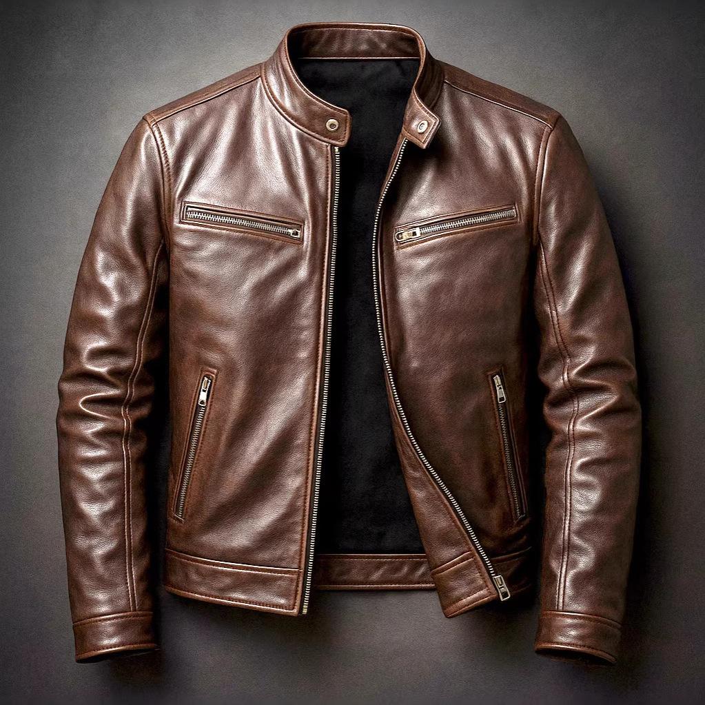 Cross-Border Motorcycle Pu Leather Jacket for Men, Stand Collar Leather Coat, Slim Fit Punk Pilot Jacket, European and American Foreign Trade Men's Clothing Wholesale