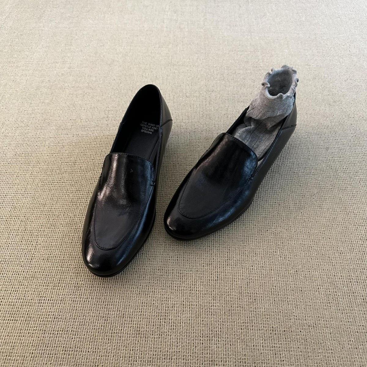 In-stock simple round-toe leather shoes with chunky heels 3cm autumn single shoes comfortable versatile commuter slip-on loafers