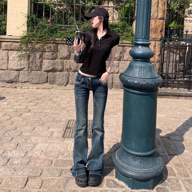 Yimengling Style Low-Waist Jeans for Women, American-Style Dark Blue, Slim-Fit, Stylish Design, Floor-Length, Slightly Flared Pants