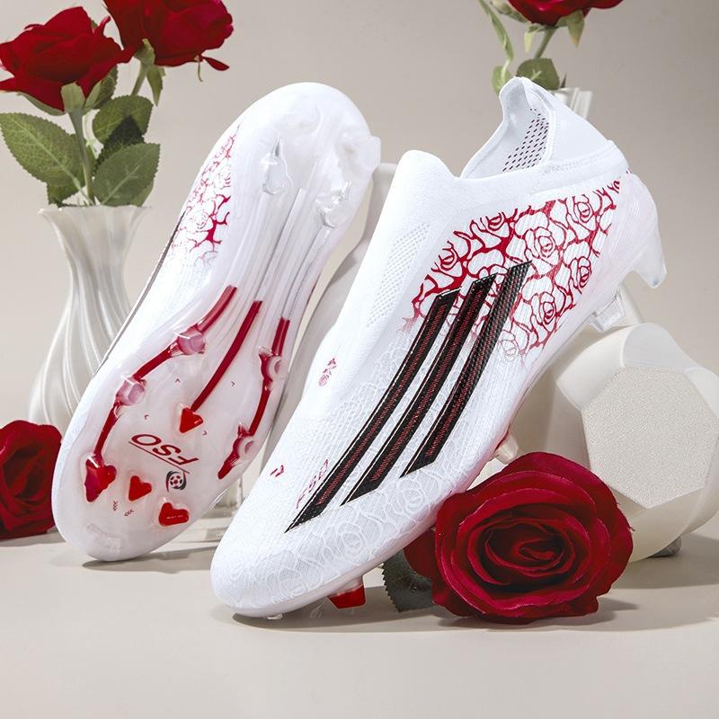 Rose Red F50+ Football Shoes, Low-Top Seamless Thermal-Cut Laceless Natural Turf Fg Long-Studded Competition Training Shoes