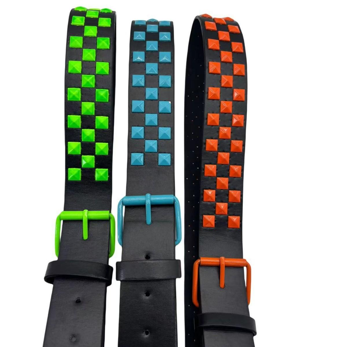 Cross-Border New Style Mosaic Square Bead Belt for Men and Women, Fashionable Pin Buckle Decoration, Pyramid Inlaid Wide Leather Belt