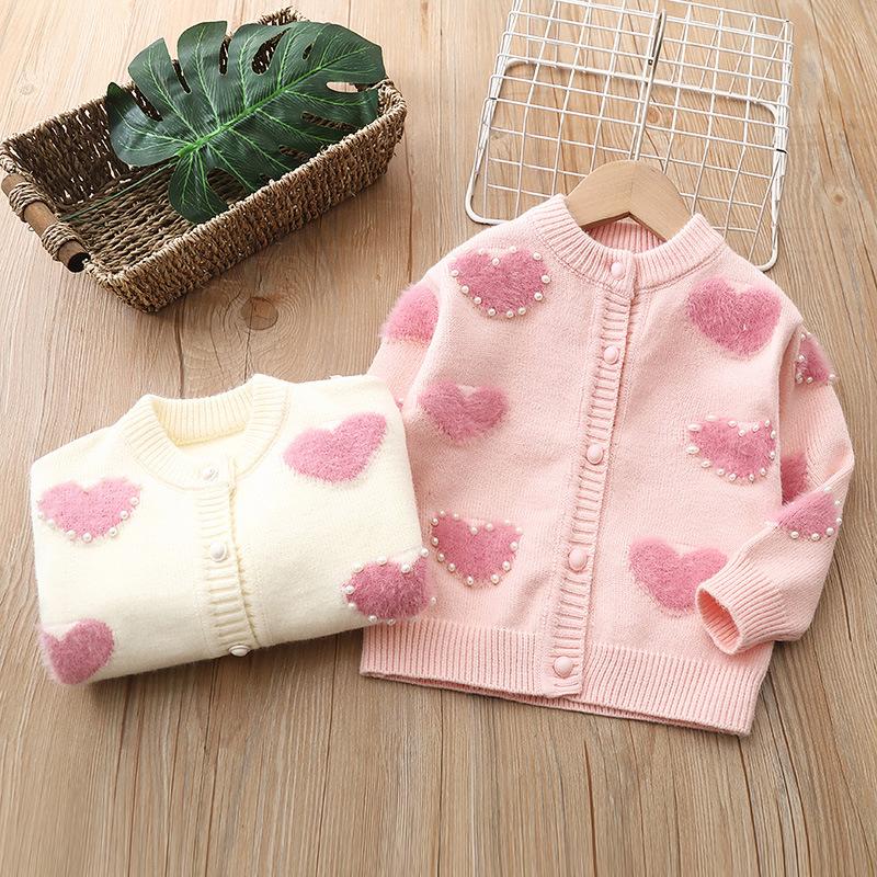 Girls' Knitwear Knitwear 2022 New Style Baby Girl Pearl Heart Pullover Cardigan Sweet Princess Fashion Top