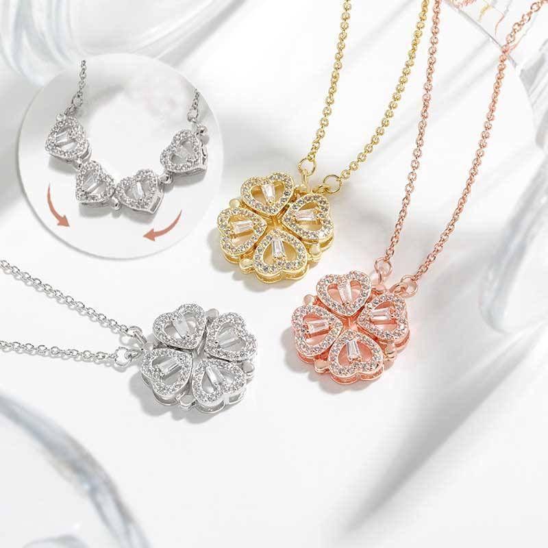 Sparkling Diamond Folding Necklace, a Two-Wear Four-Leaf Clover Pendant, Heart-Shaped Women's Ins New Valentine's Day Gift for Girlfriend