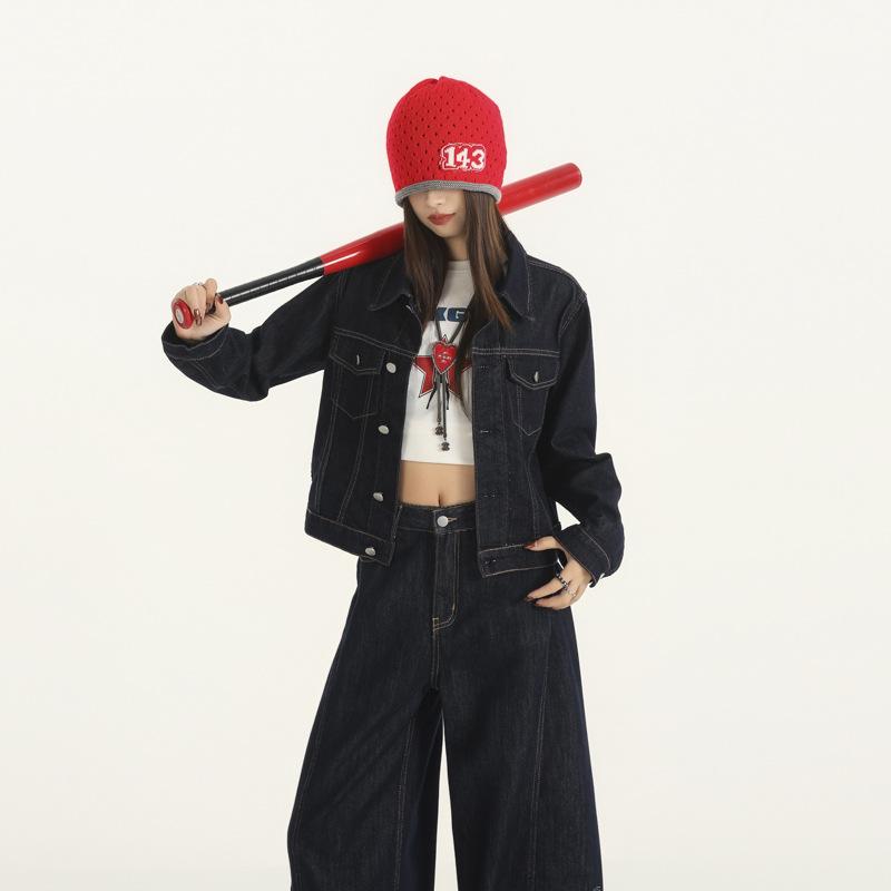Fashion Set: American Retro Denim Jacket for Women, Long-Sleeve Jacket, Workwear Wide-Leg Pants Two-Piece Set for Women
