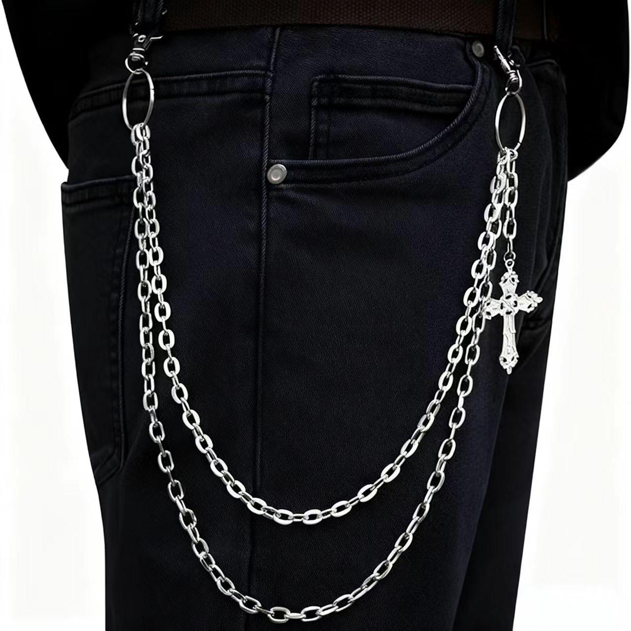 Amazon's Hottest Style, Personalized and Trendyy Double-Layer Cross Pendant Trouser Chain, Versatile Hip-Hop High-End Men's Trouser Chain