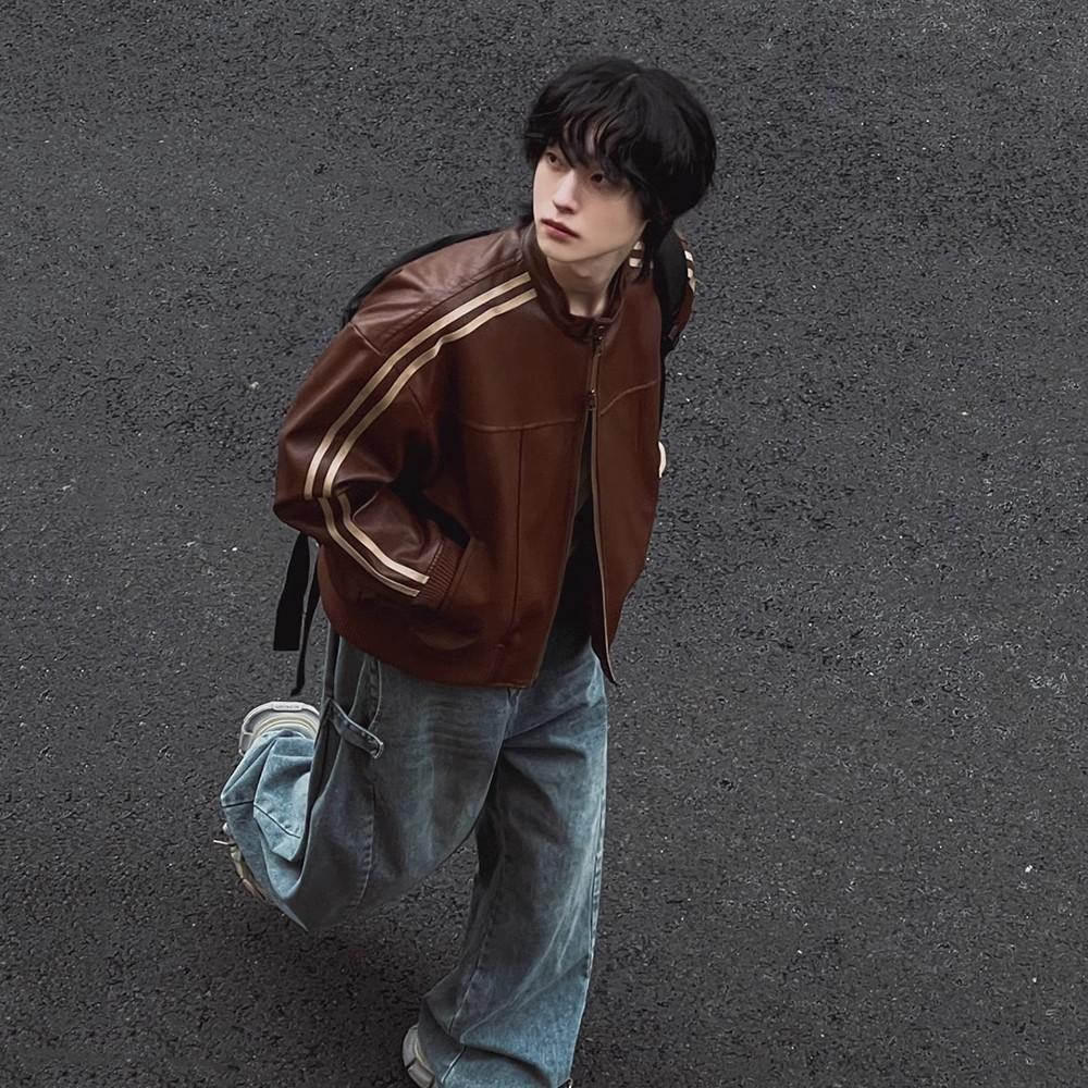 Maillard Style Leather Jacket Men's Spring and Autumn Loose Collar Top Korean Fashionable Leather Motorcycle Jacket Trendy