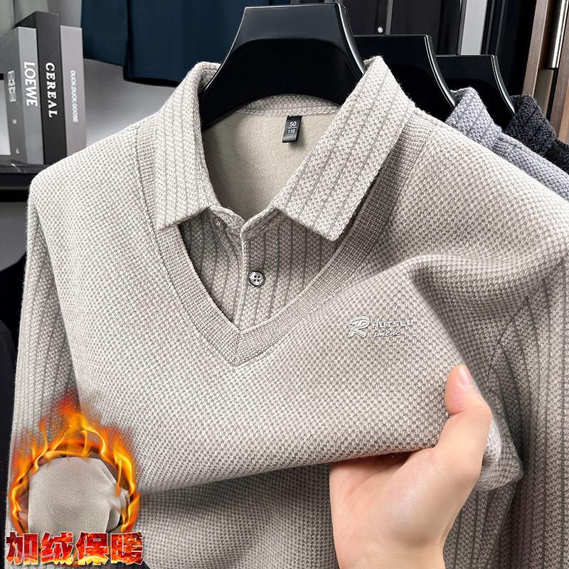 Cross-border foreign trade wholesale fleece-lined thickened faux two-piece sweater, autumn and winter anti-pilling casual men's knitwear, drop shipping