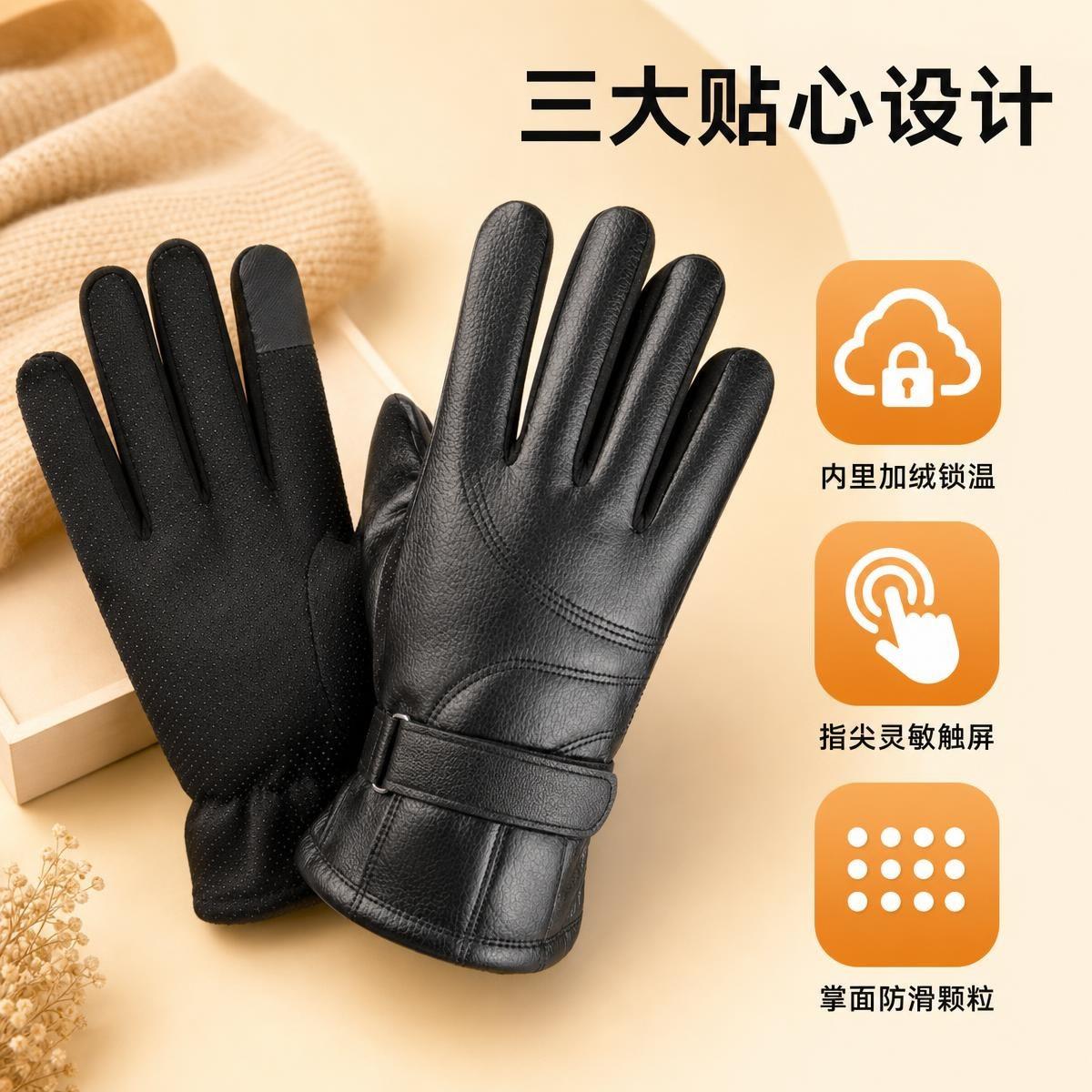Warm leather gloves for autumn and winter, with added fleece and thickness, windproof and cold-resistant, suitable for men and women, for outdoor cycling, made of PU leather with touch screen capability
