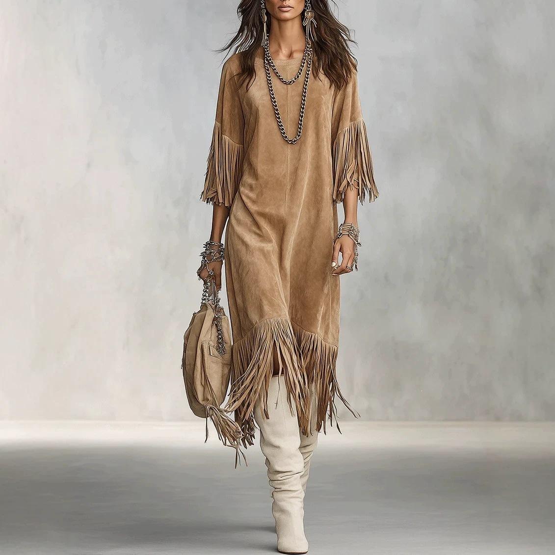 Cross-border 2026 European and American women's clothing, Amazon independent store, autumn/winter slim-fit fringed Western-style sexy casual dress