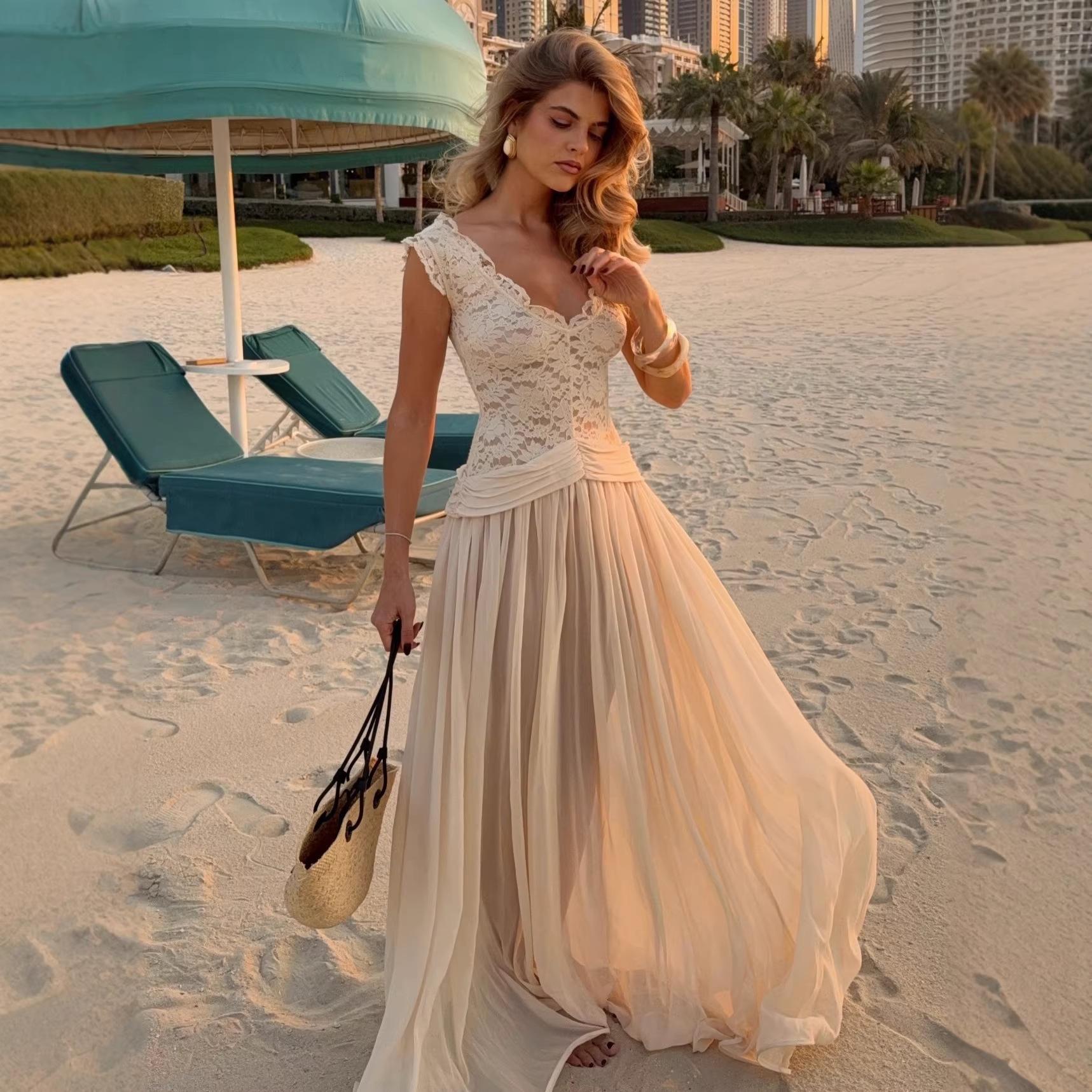 2026 Spring/Summer New Foreign Trade Evening Dress Wholesale V-Neck Chiffon Long Dress Elegant Lace French Style Dress