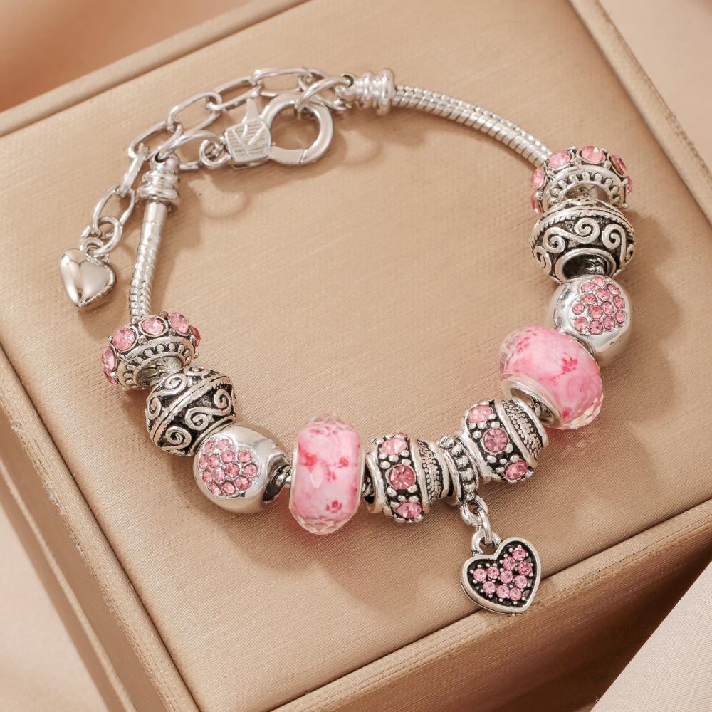 Cross-Border European and American Hot Selling DIY Heart Bead Bracelet Pink Large Hole Bead Personalized Bracelet Women's Hand Jewelry Wholesale
