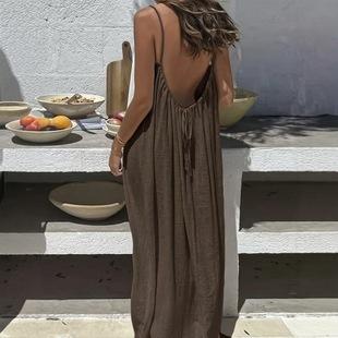 2026 Amazon Ice Silk Wrinkle Solid Color Ruched Backless Strap Long Dress Beach Vacation Dress Loose Home Dress
