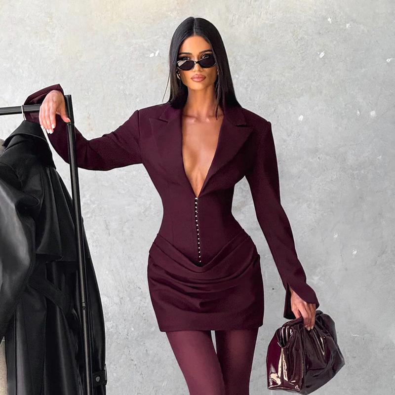 2025 European and American Women's Autumn and Winter New Elegant Pure Color Deep V Lapel Pleated Mini Waist Dress for Women