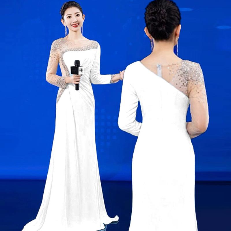 New Host Evening Dress Dinner Annual Meeting Party Elegant Long-Sleeved Slim Student Art Exam Dress